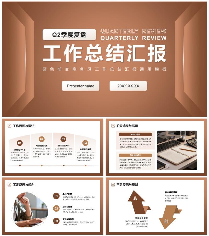 棕色商务风Q2季度复盘总结汇报通用PPT模板