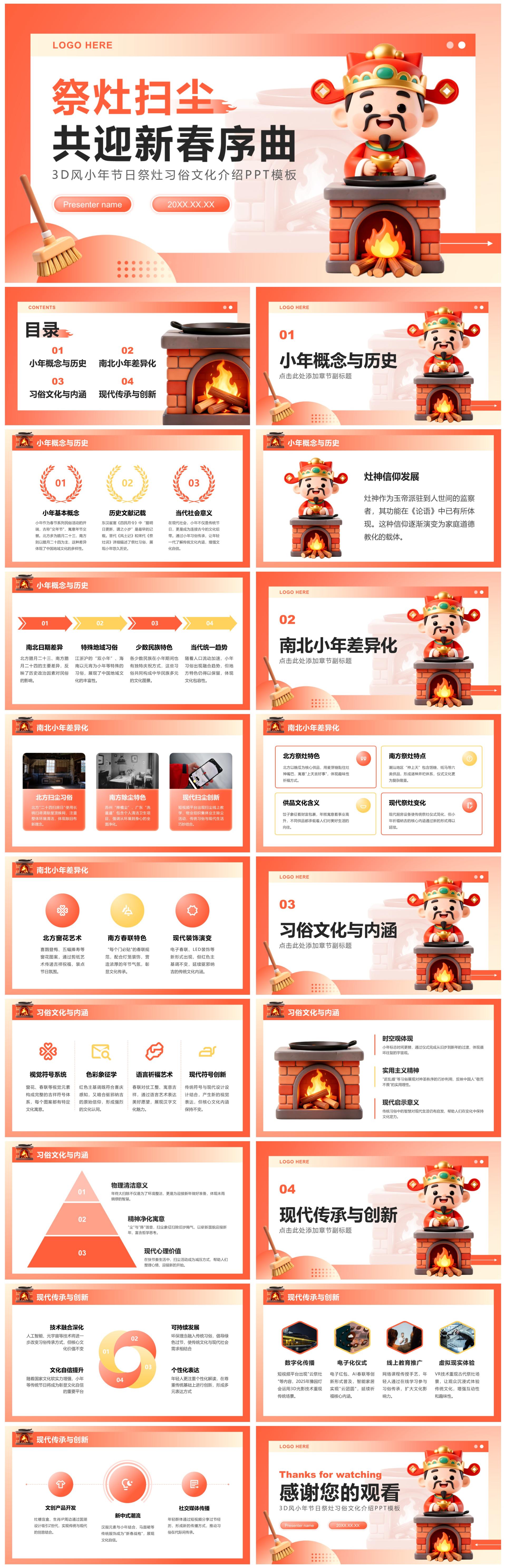 红色3D风小年节日祭灶习俗文化介绍PPT模板