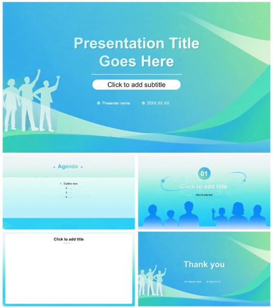 蓝绿色简约小清新渐变风大学班会PPT主题模板