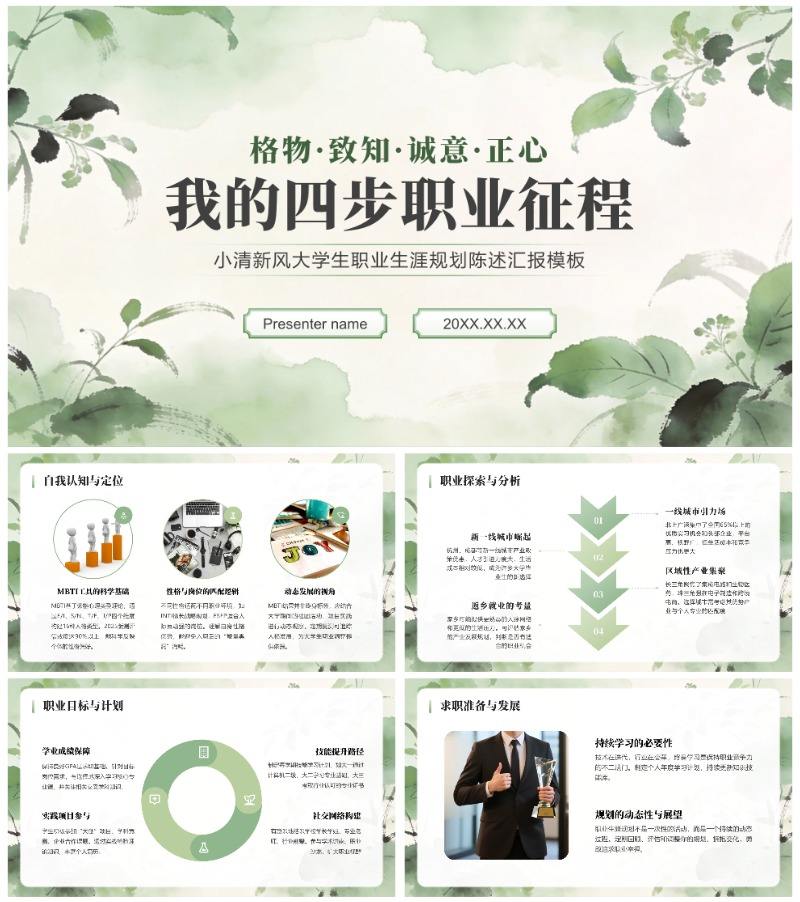 绿色小清新风职业生涯规划陈述汇报PPT模板