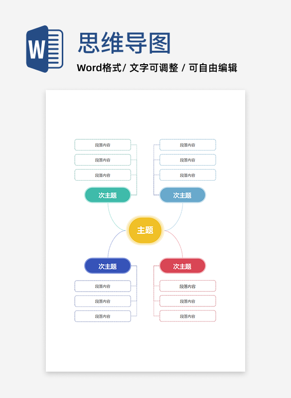 思维导图-彩色竖向四类通用简约模板虚线