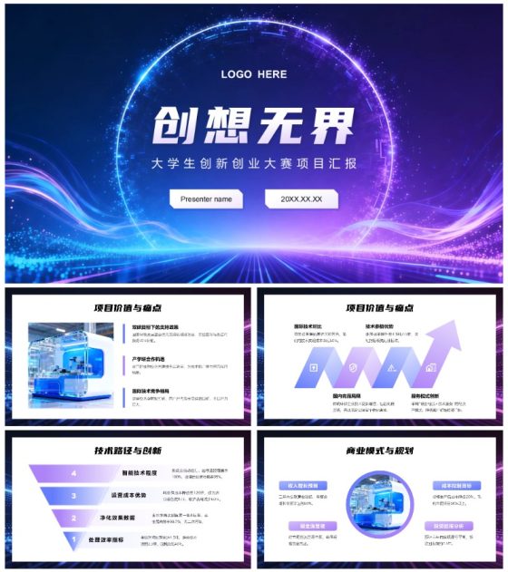 蓝紫色科技风大学生创新创业大赛通用PPT模板