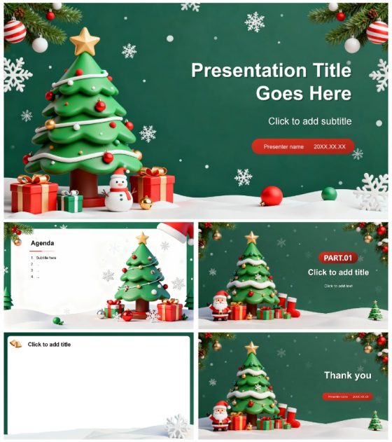 绿色清新3D卡通风圣诞节平安夜晚会PPT主题模板