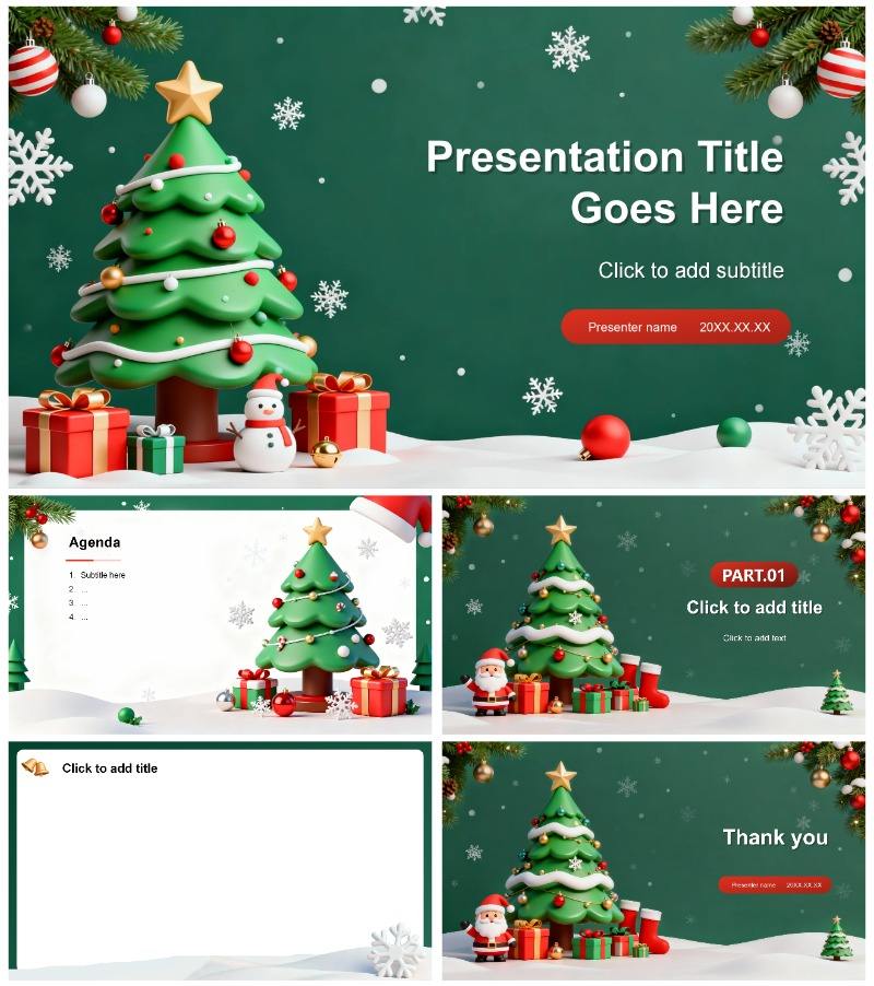 绿色清新3D卡通风圣诞节平安夜晚会PPT主题模板