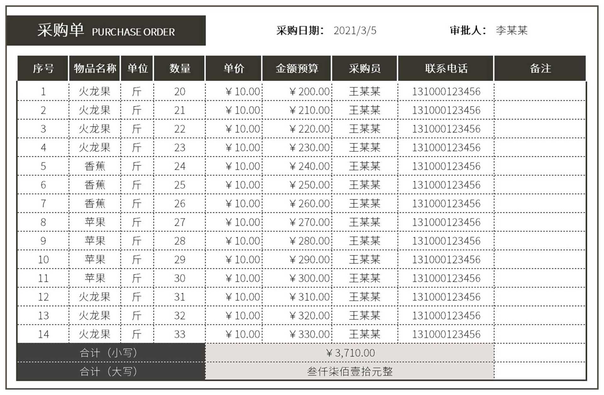 商品采购订单Excel模板