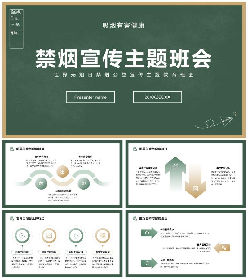 绿色黑板简约风世界无烟日禁烟宣传教育PPT模板