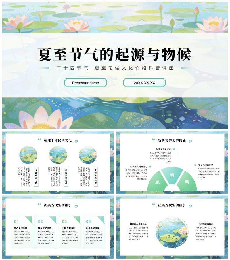 蓝绿小清新风二十四节气夏至习俗科普介绍PPT模板