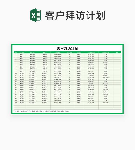 绿色业务员客户拜访计划Excel模板