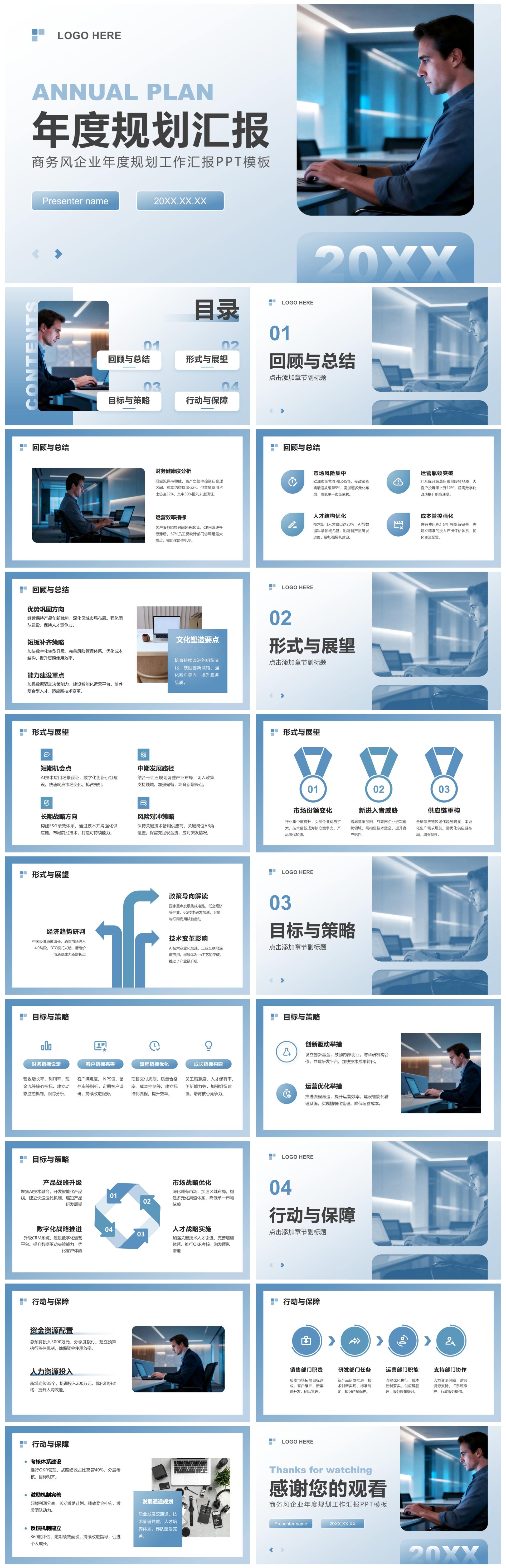 蓝灰色商务风年度规划汇报通用PPT模板
