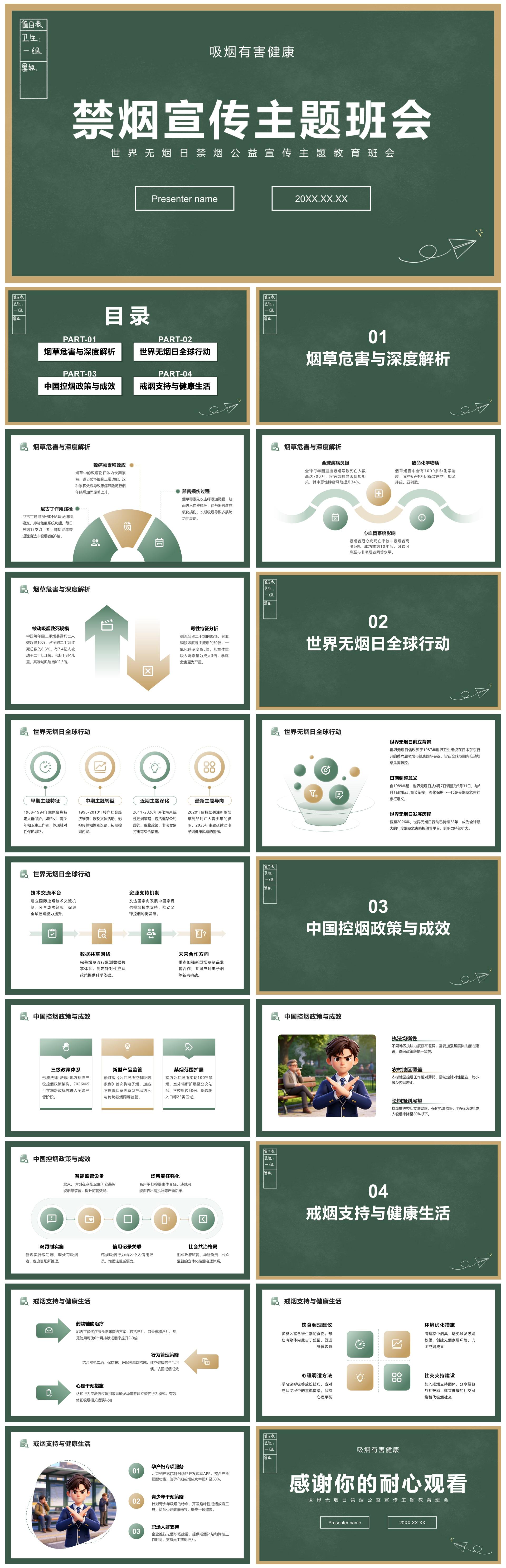 绿色黑板简约风世界无烟日禁烟宣传教育PPT模板