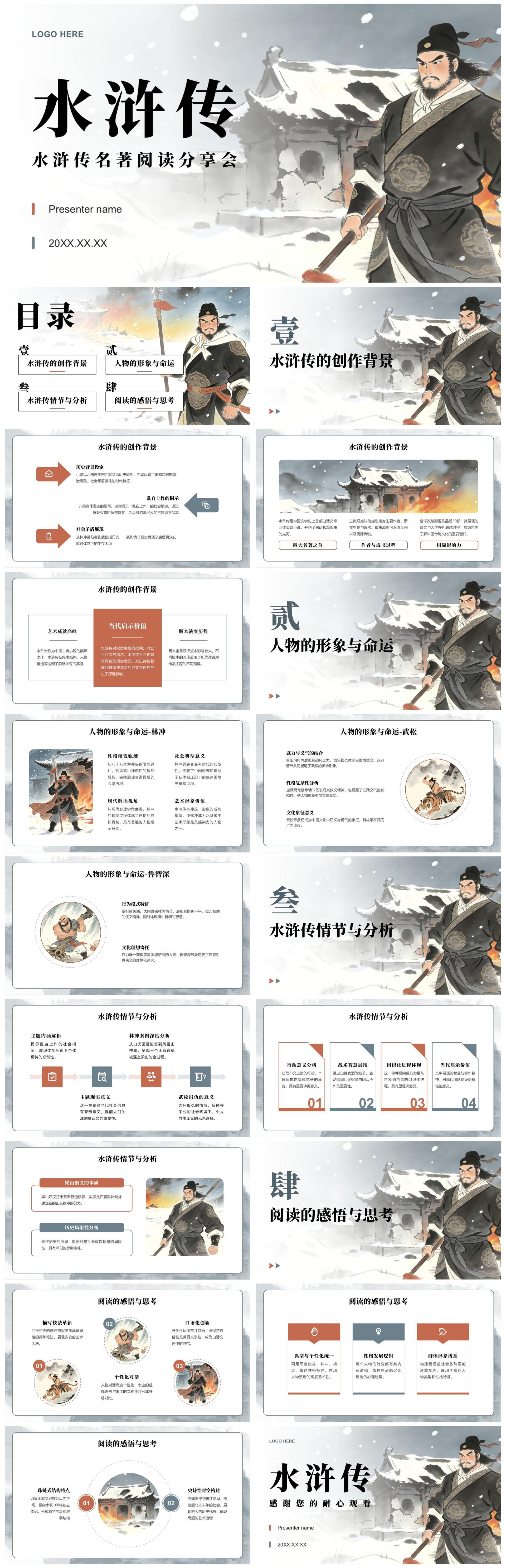 低饱和插画风水浒传读书笔记名著介绍PPT模板