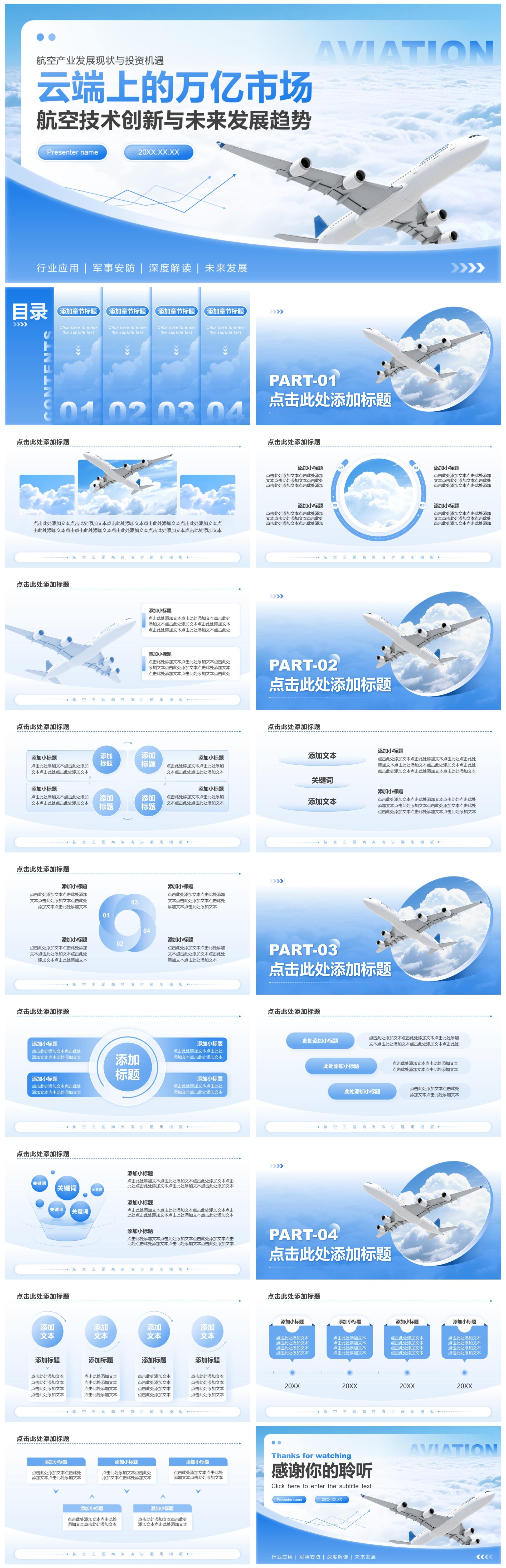 蓝色商务风航空发展趋势商务演讲通用PPT模板