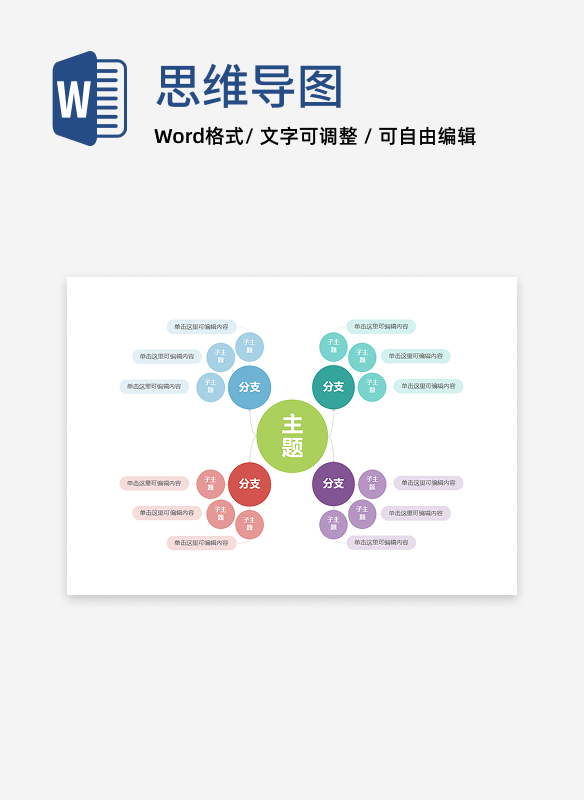 思维导图-彩色简约双向泡泡思维导图word模板