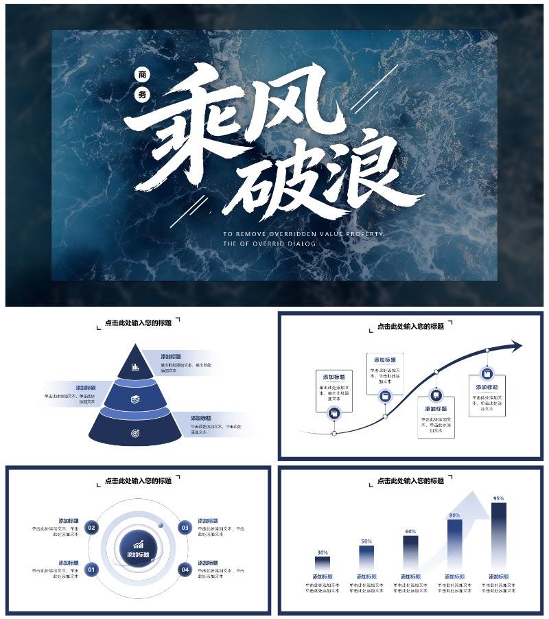 蓝色实景大海乘风破浪励志PPT模板