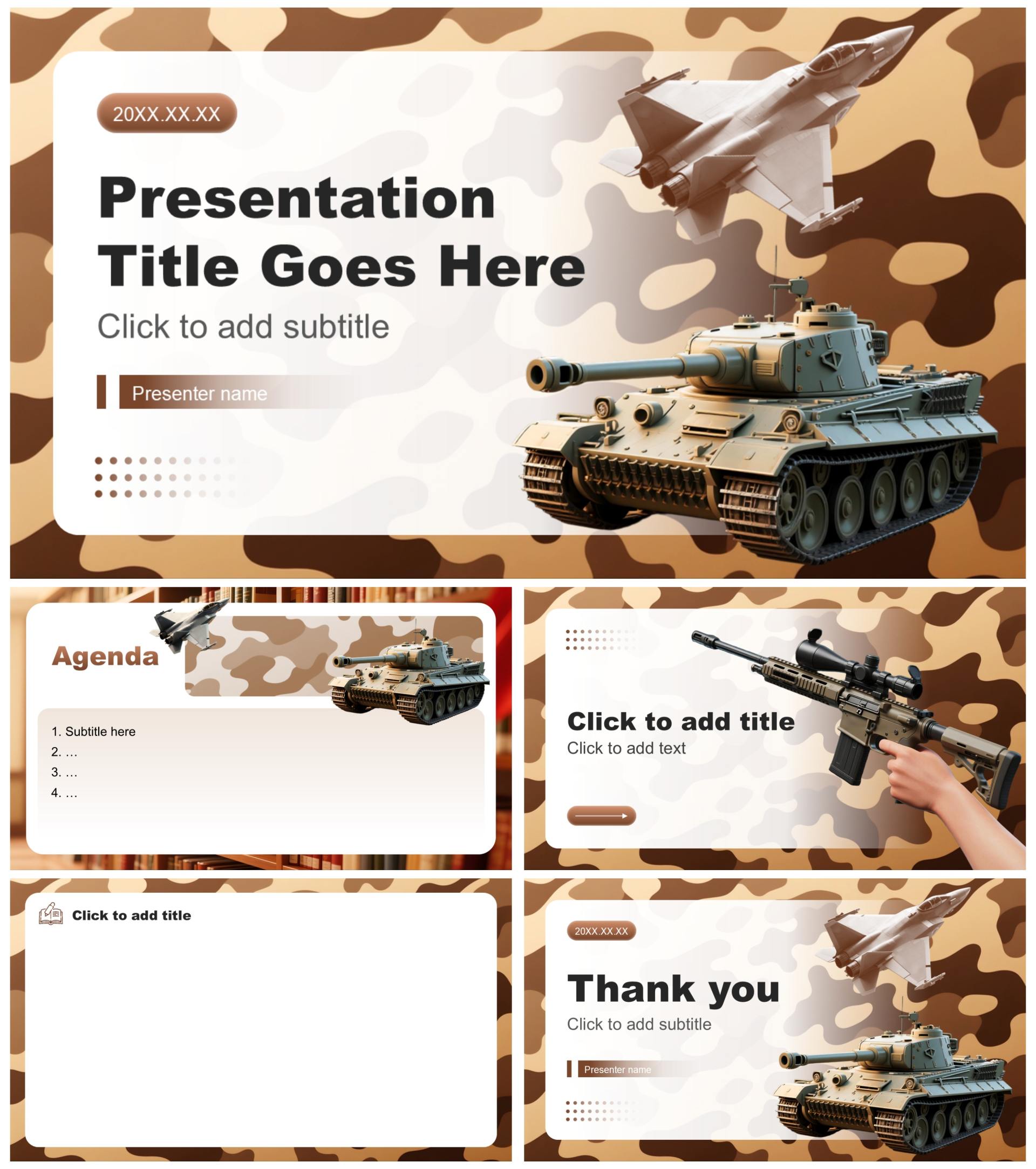 棕色迷彩实景国防教育班会课件PPT主题模板