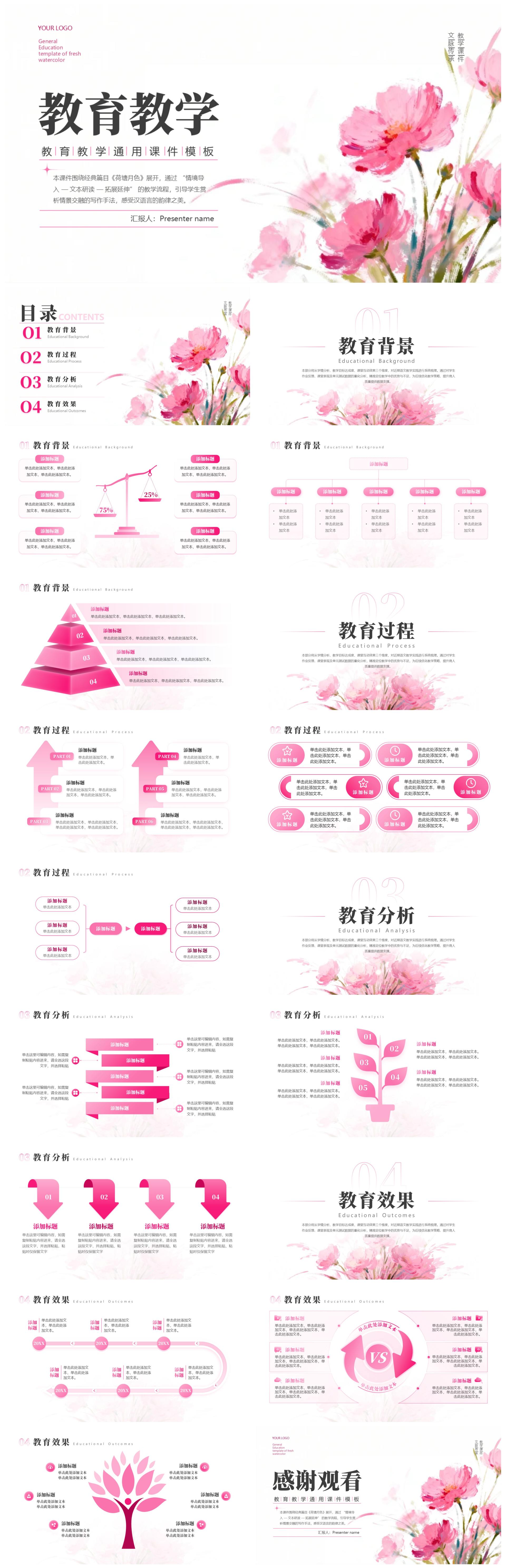 粉色小清新花卉教育教学课件创意PPT模板