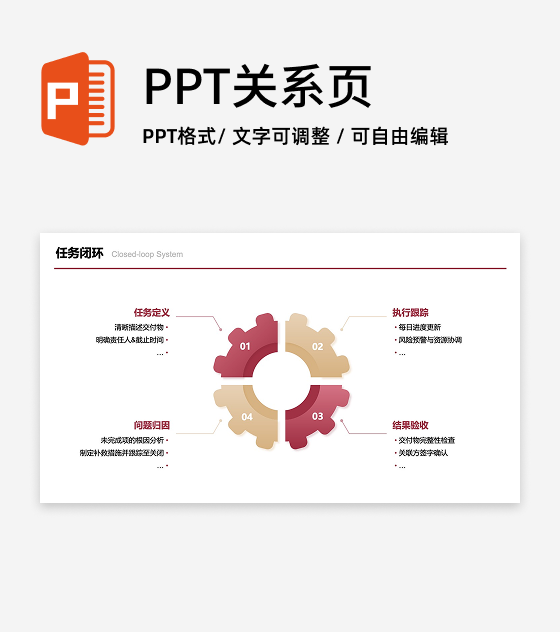 红金色四项齿轮任务闭环图PPT单页