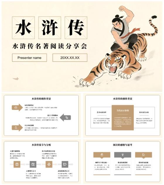 黄色简约复古风水浒传名著分享读书笔记PPT模板
