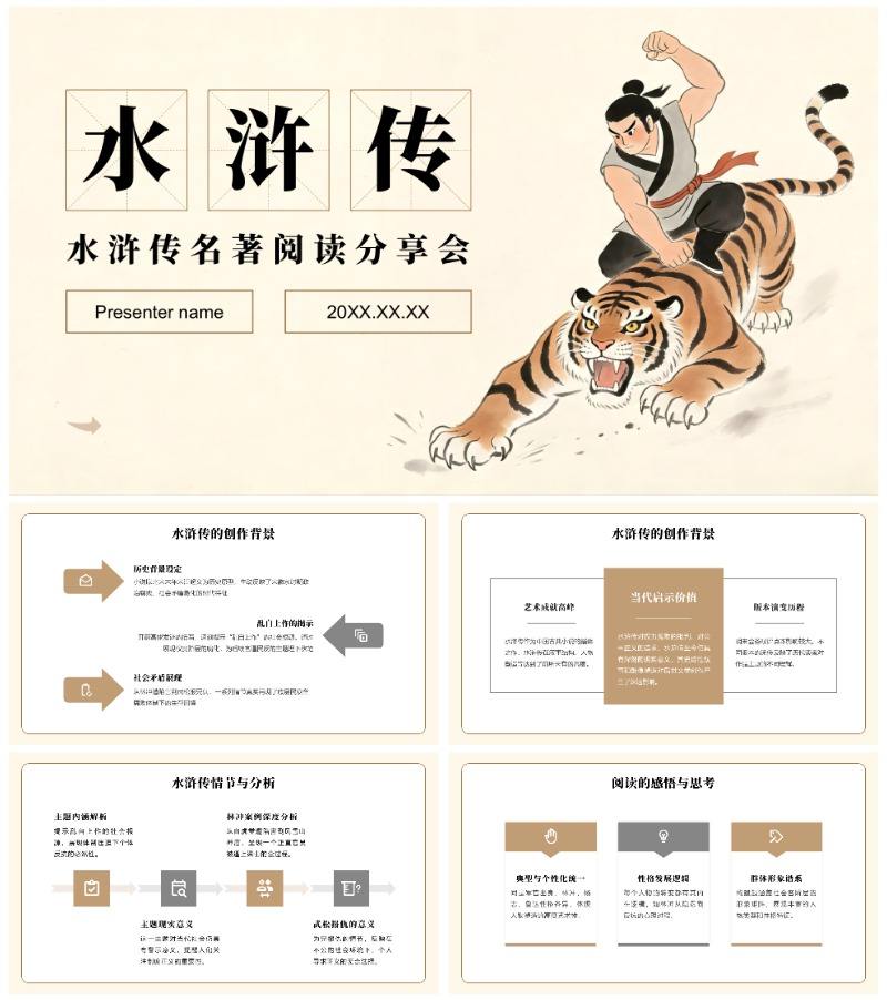 黄色简约复古风水浒传名著分享读书笔记PPT模板