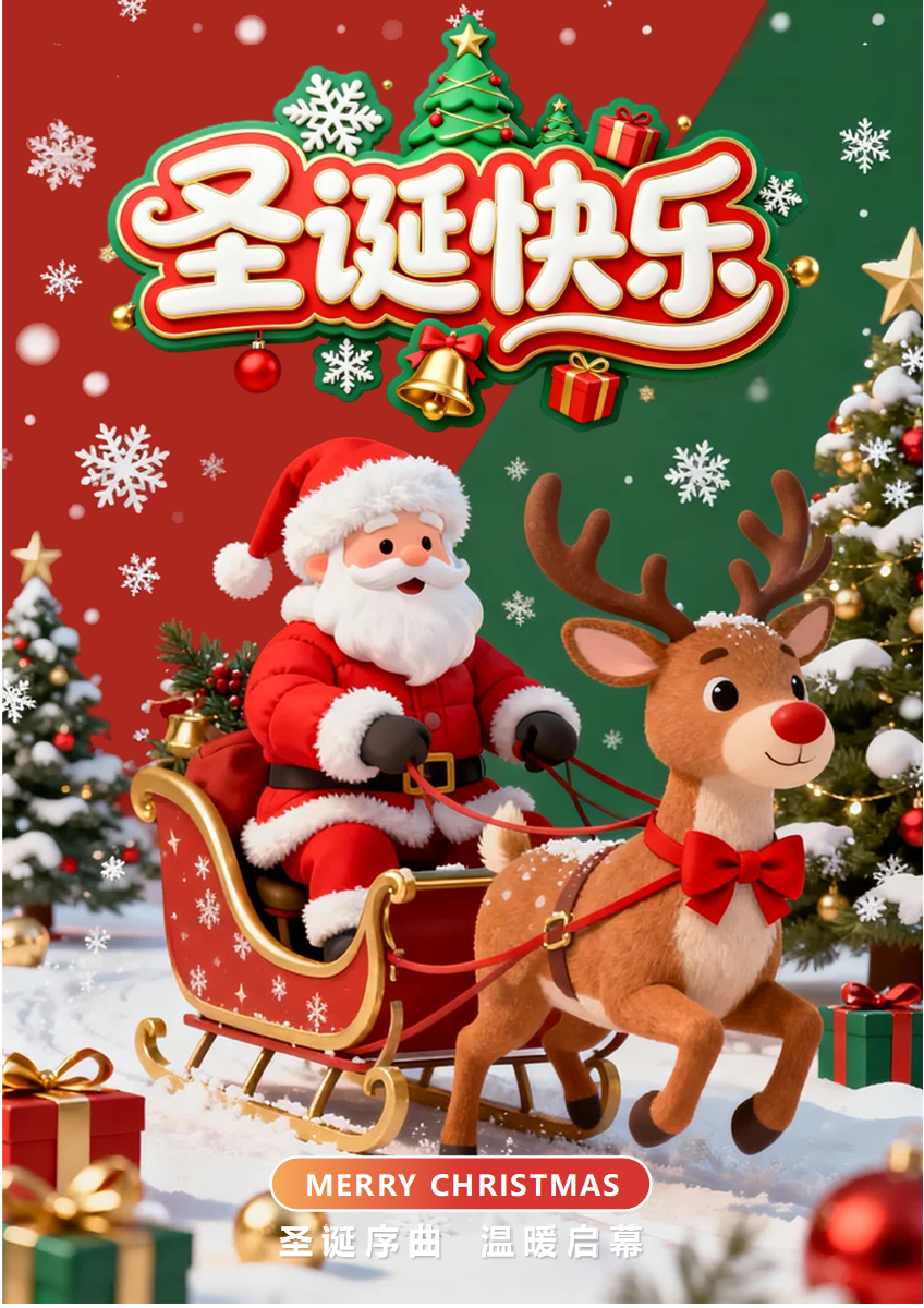 红色3D卡通风圣诞节节日祝福海报