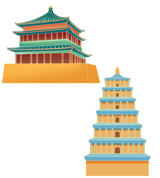 国潮风地标建筑手绘素材