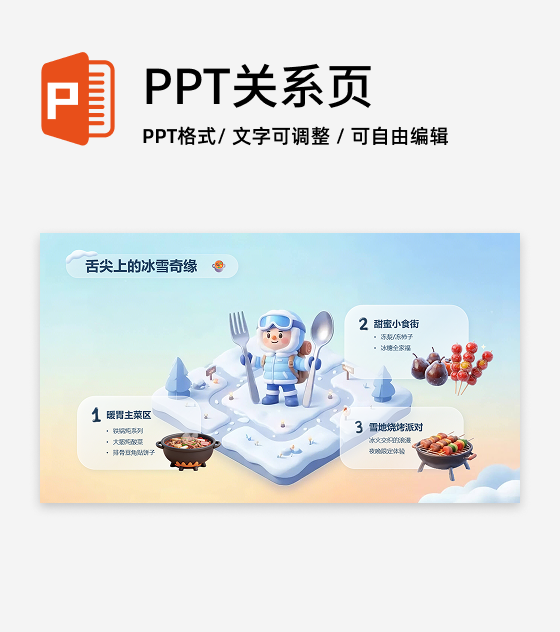 可爱3D插画雪乡之旅美食介绍宣传PPT单页