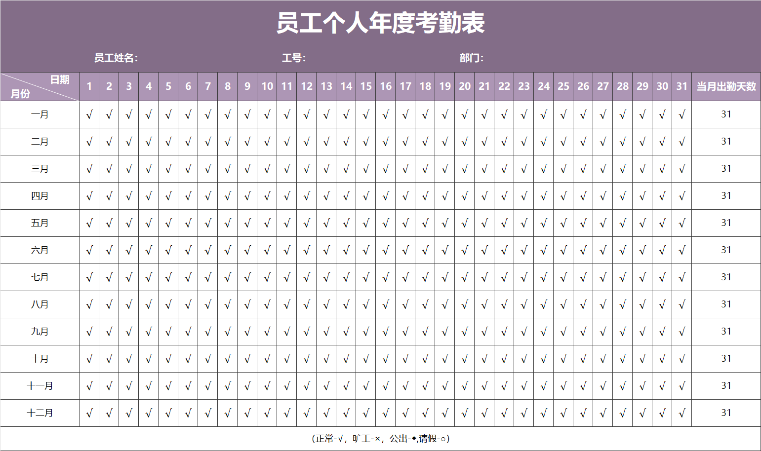 员工个人年度考勤表