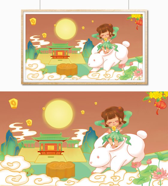 手绘国潮风中秋玉兔插画