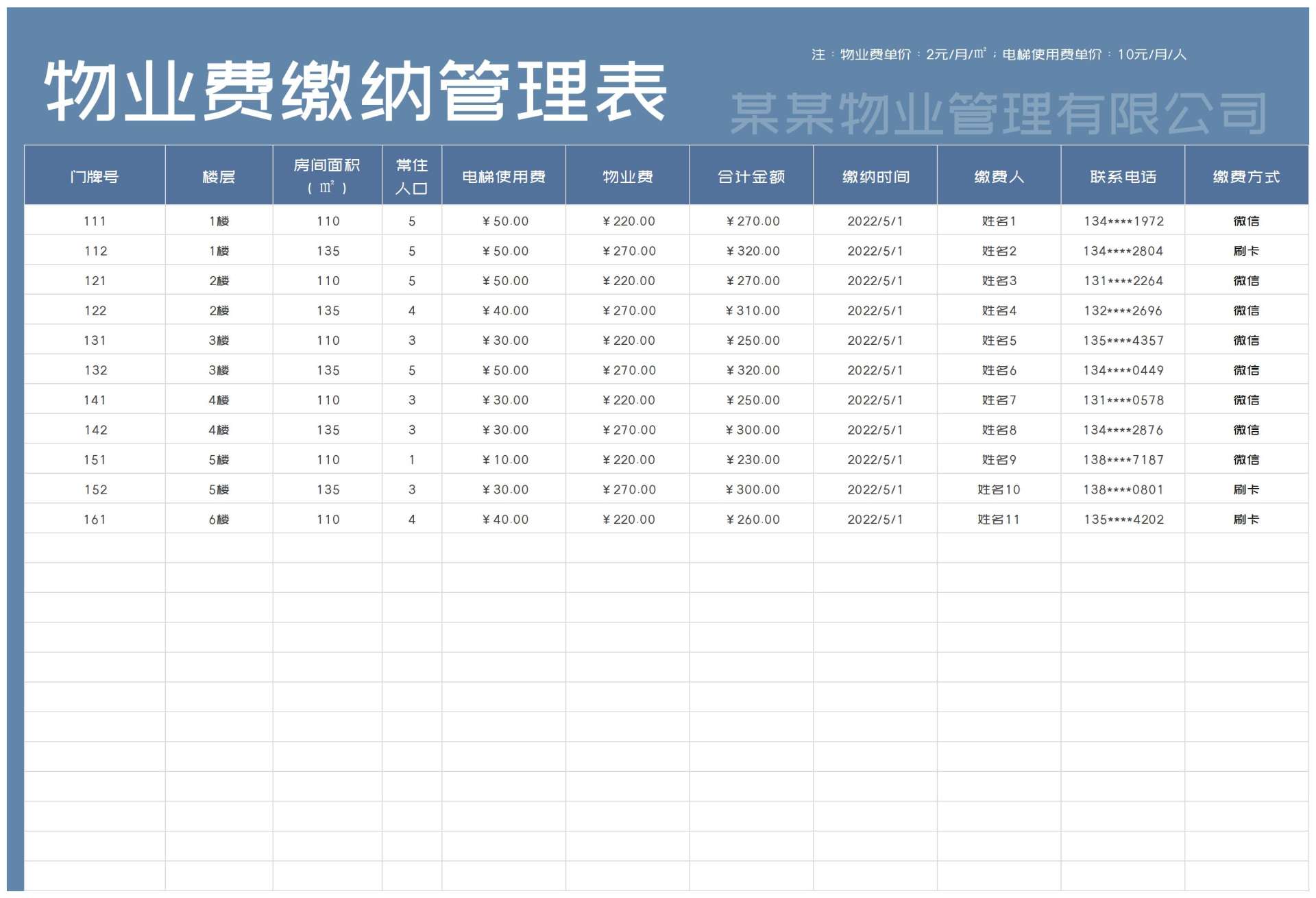 蓝色物业费缴纳管理表Excel模板