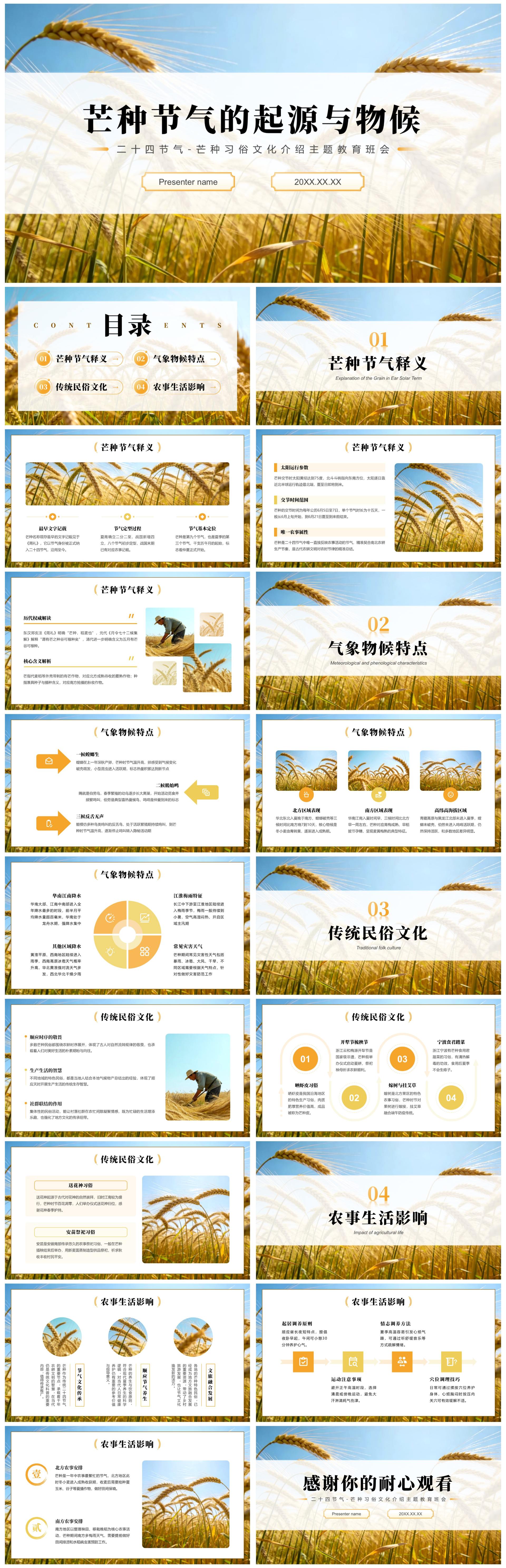 黄色麦田实景二十四节气芒种习俗主题班会PPT模板