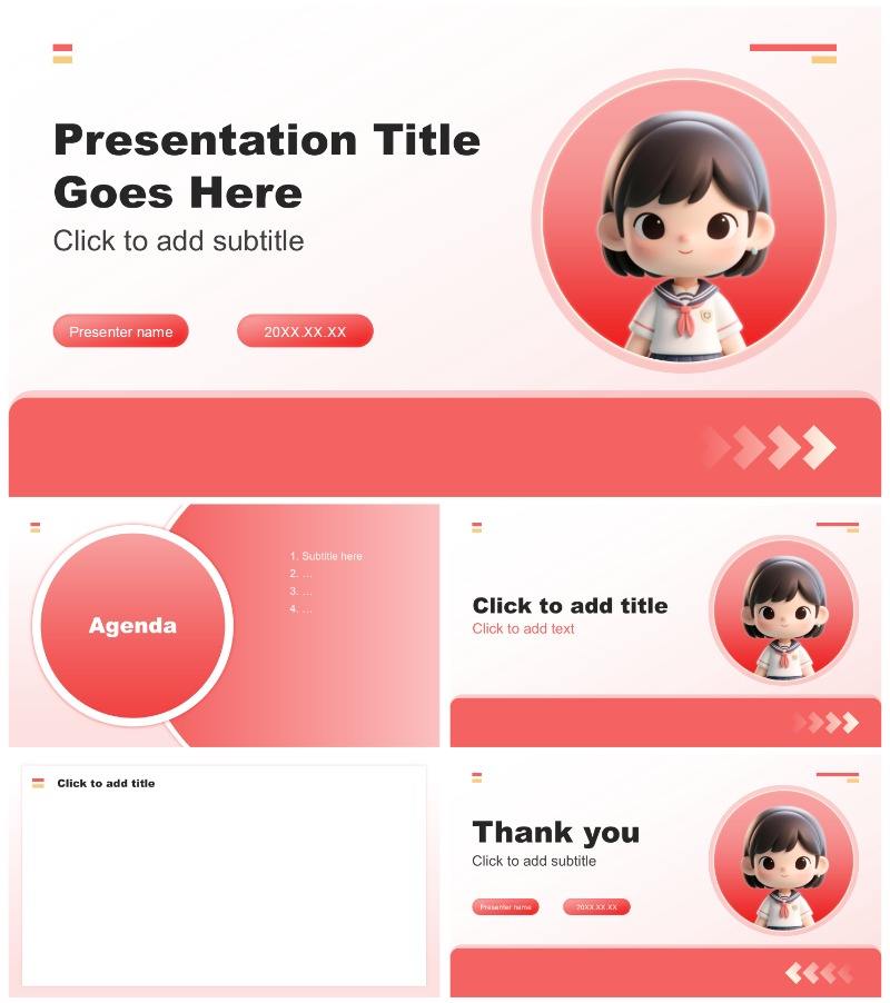 红色渐变3D卡通风个人求职简历PPT主题模板