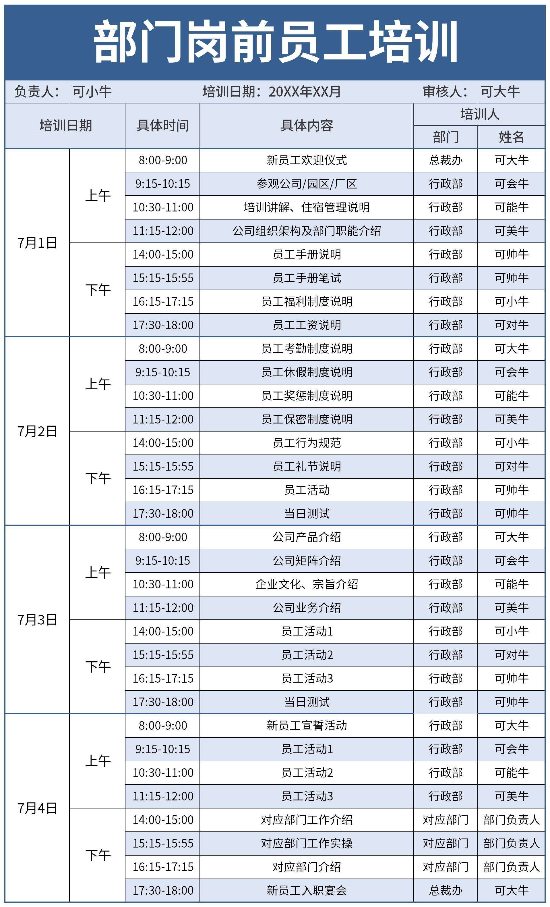 部门岗前员工培训excel模板
