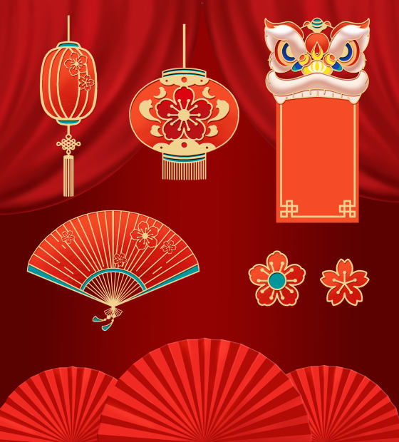 红金年会新年灯笼舞狮免扣元素