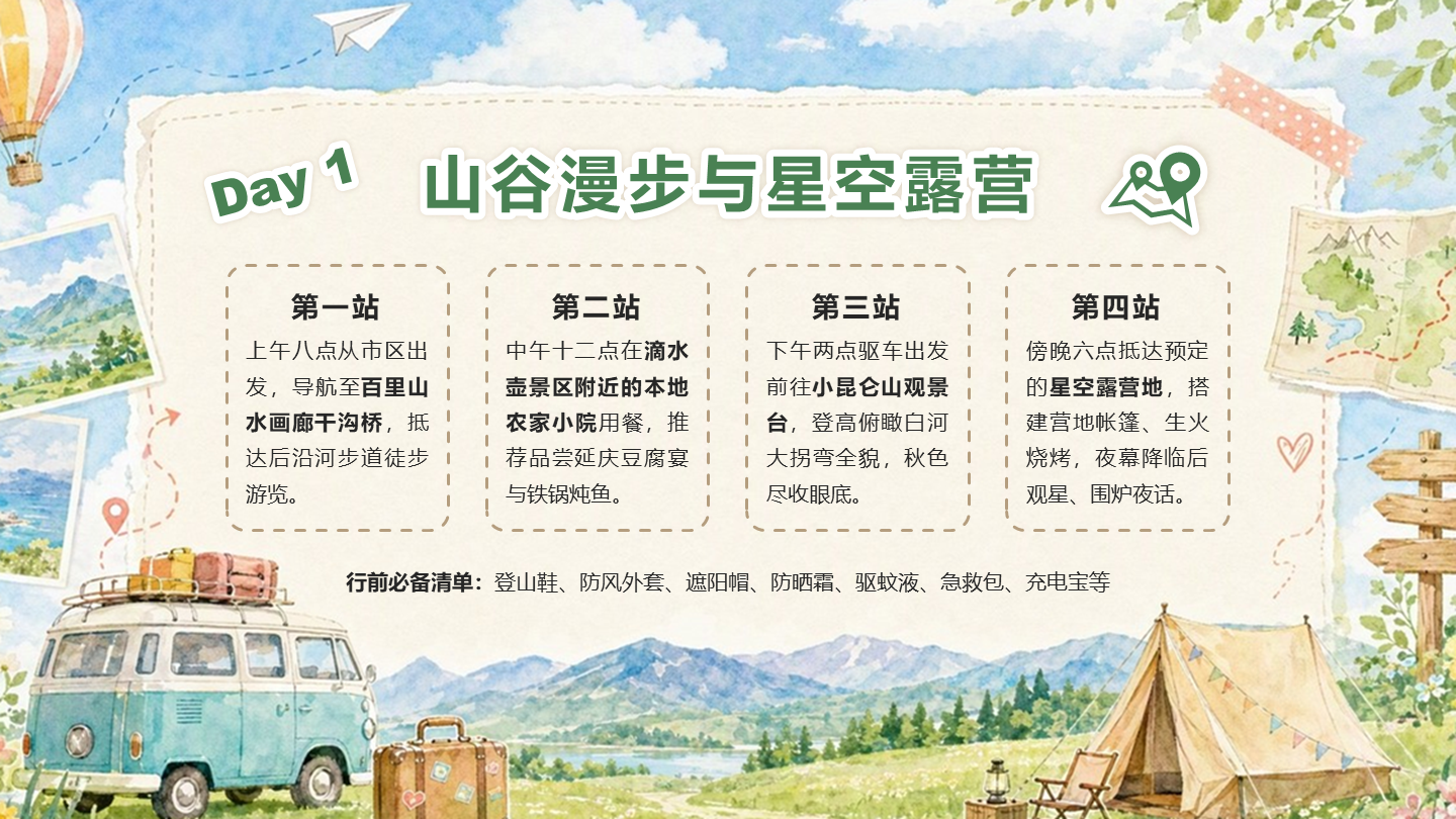 蓝绿色插画风黄金周户外路线攻略PPT单页
