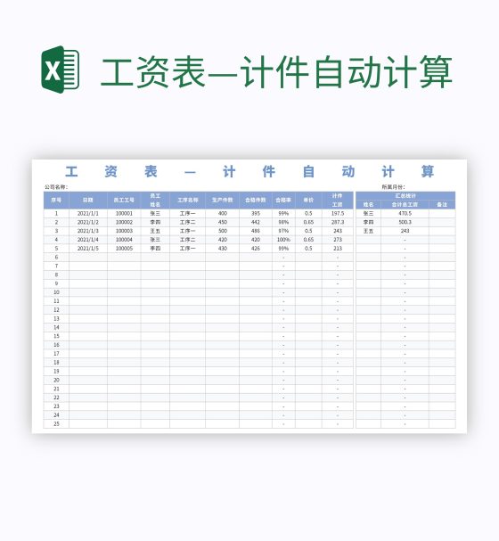 工资表—计件自动计算excel模板
