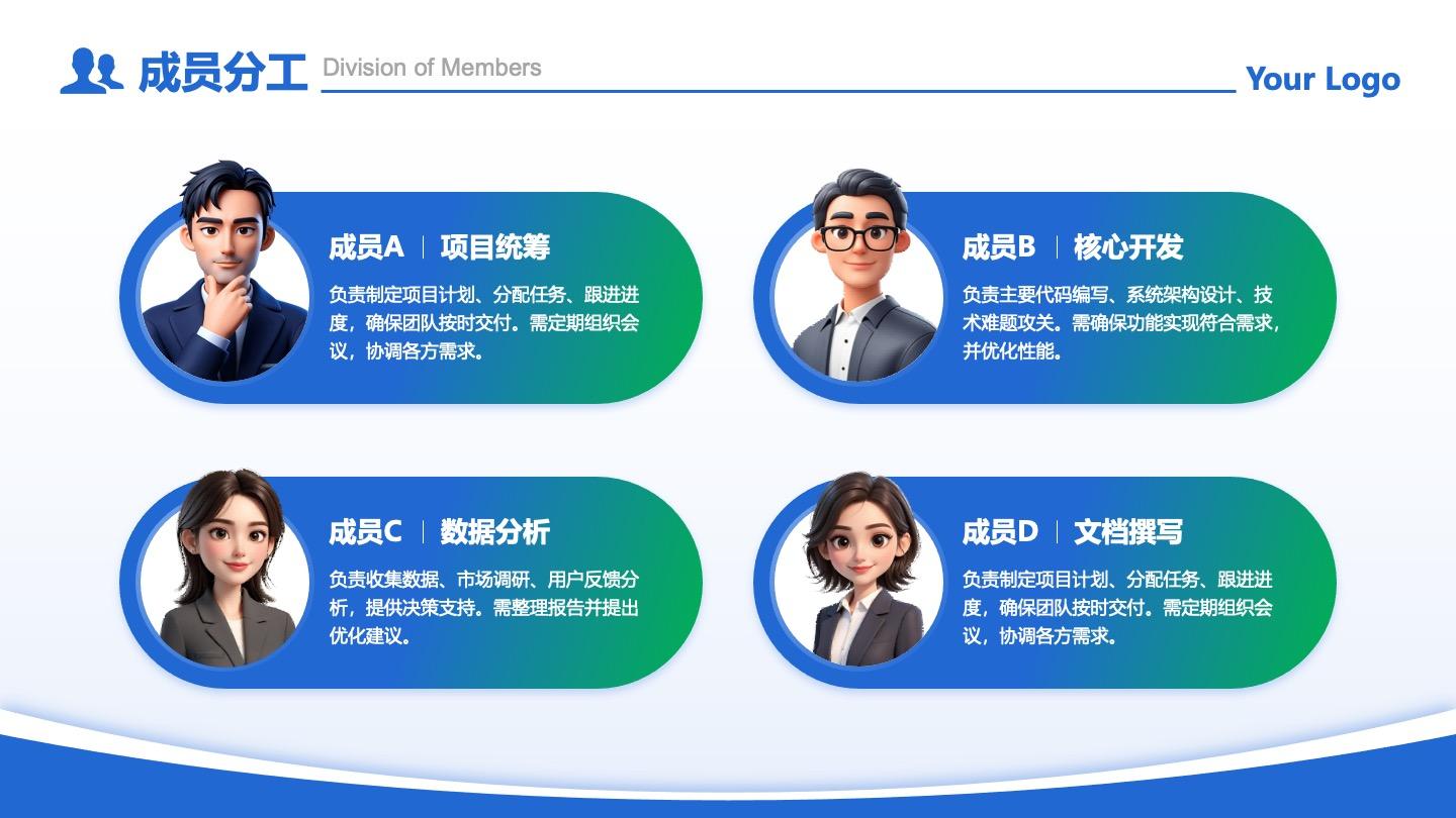 成员分工-蓝色商务风4项成员分工PPT单页