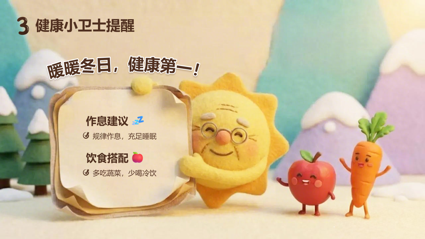 毛毡可爱童趣寒假安排班会健康提醒PPT单页