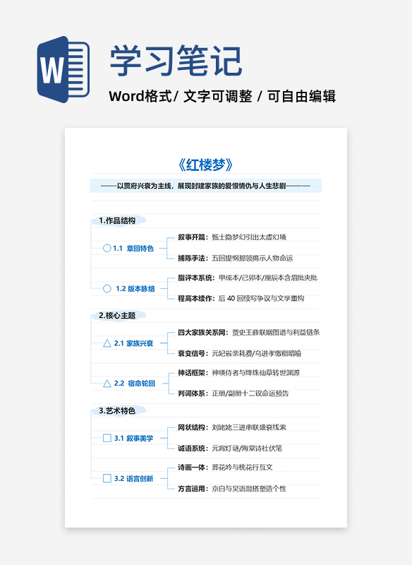 学习笔记-《红楼梦》蓝色简约竖版word模板