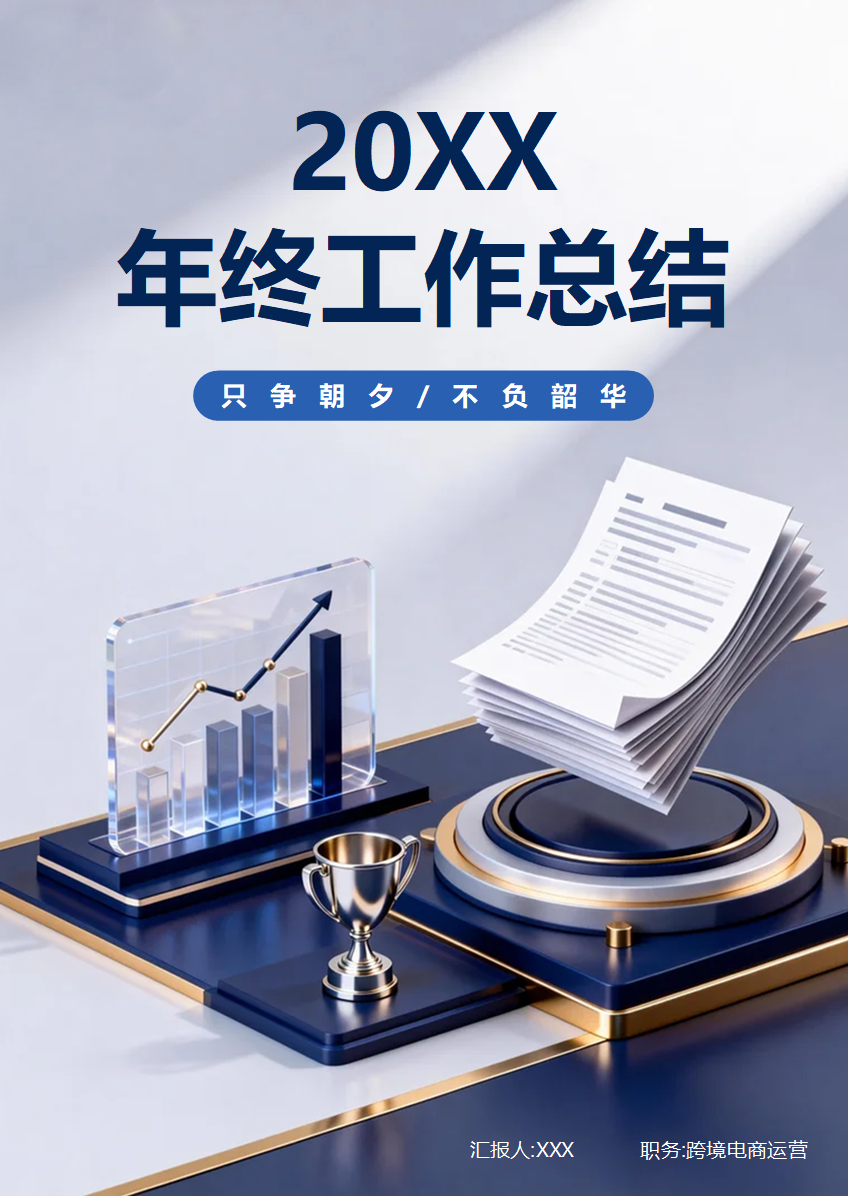蓝色简约3D商务风跨境电商年终工作总结汇报