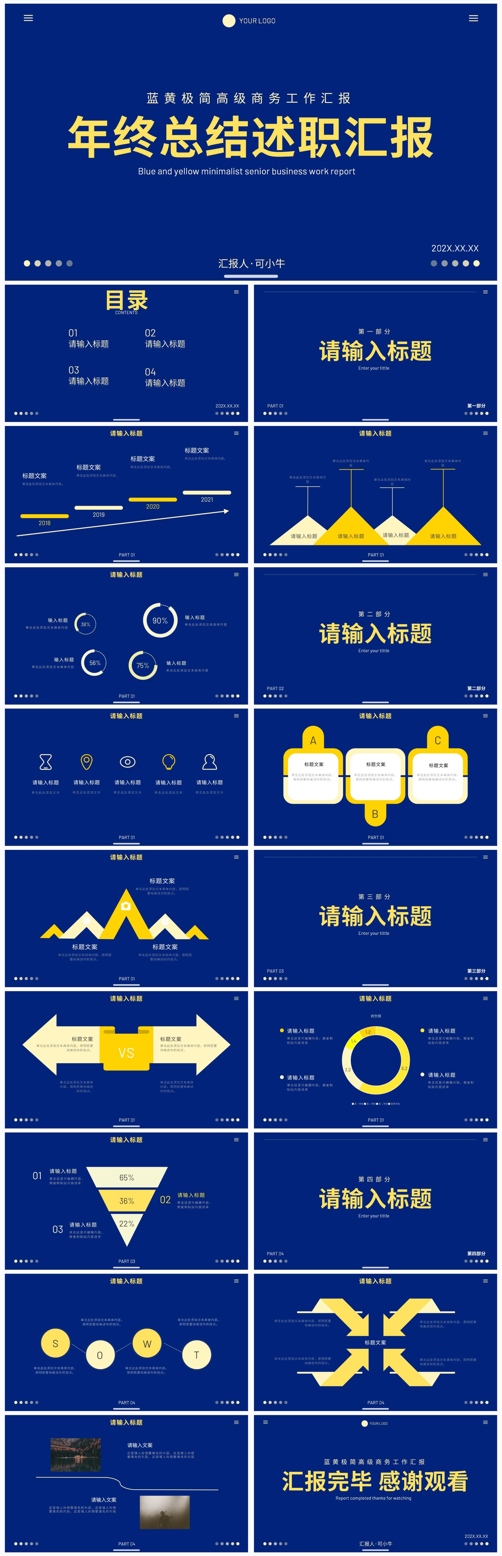 蓝黄极简高级商务工作汇报PPT模板