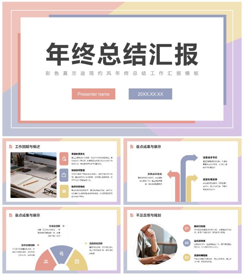 彩色莫兰迪简约风年终总结工作汇报PPT模板