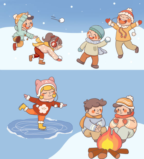 手绘卡通打雪仗溜冰烤火人物元素