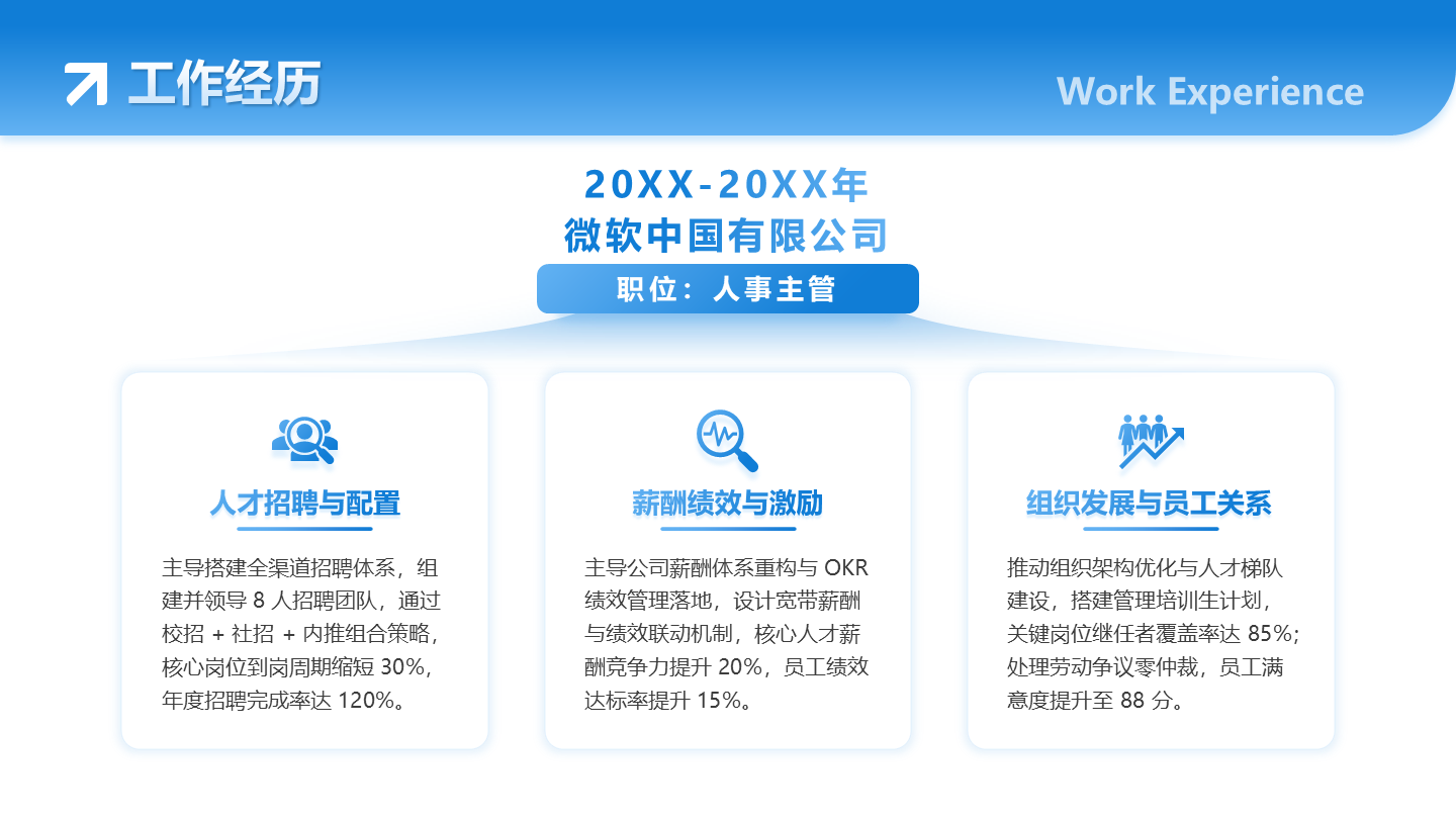 工作经历-蓝色简约创意求职面试个人简历PPT单页