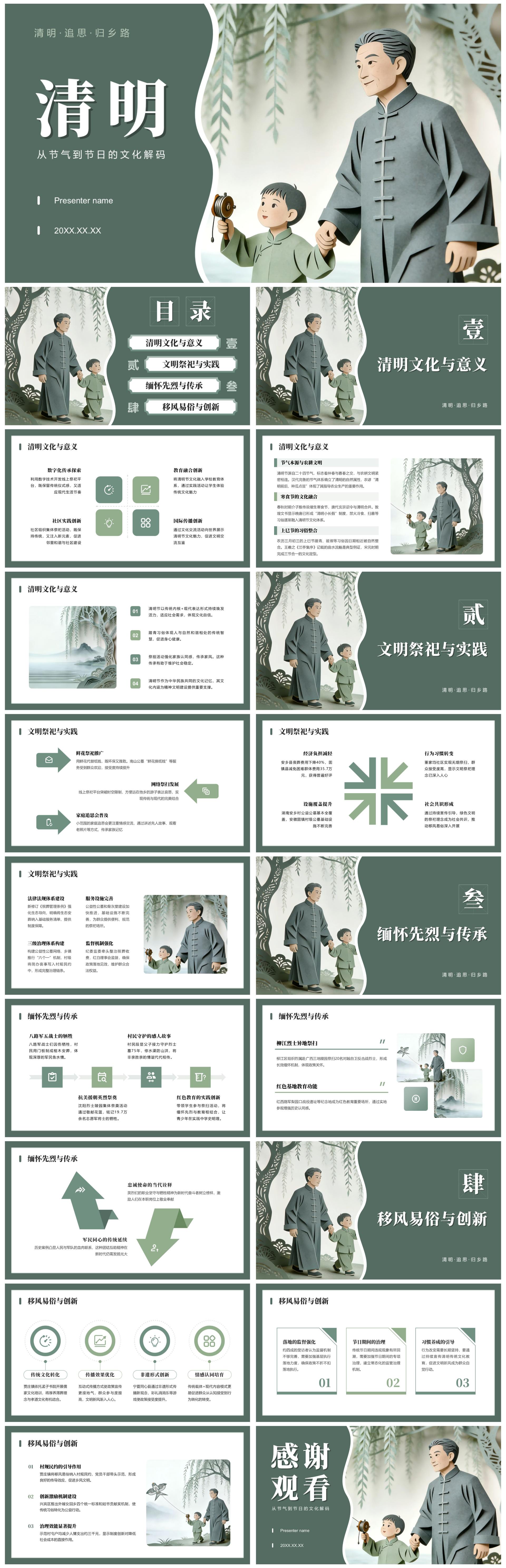 灰绿色剪纸风清明传统节日文化教育课件PPT模板