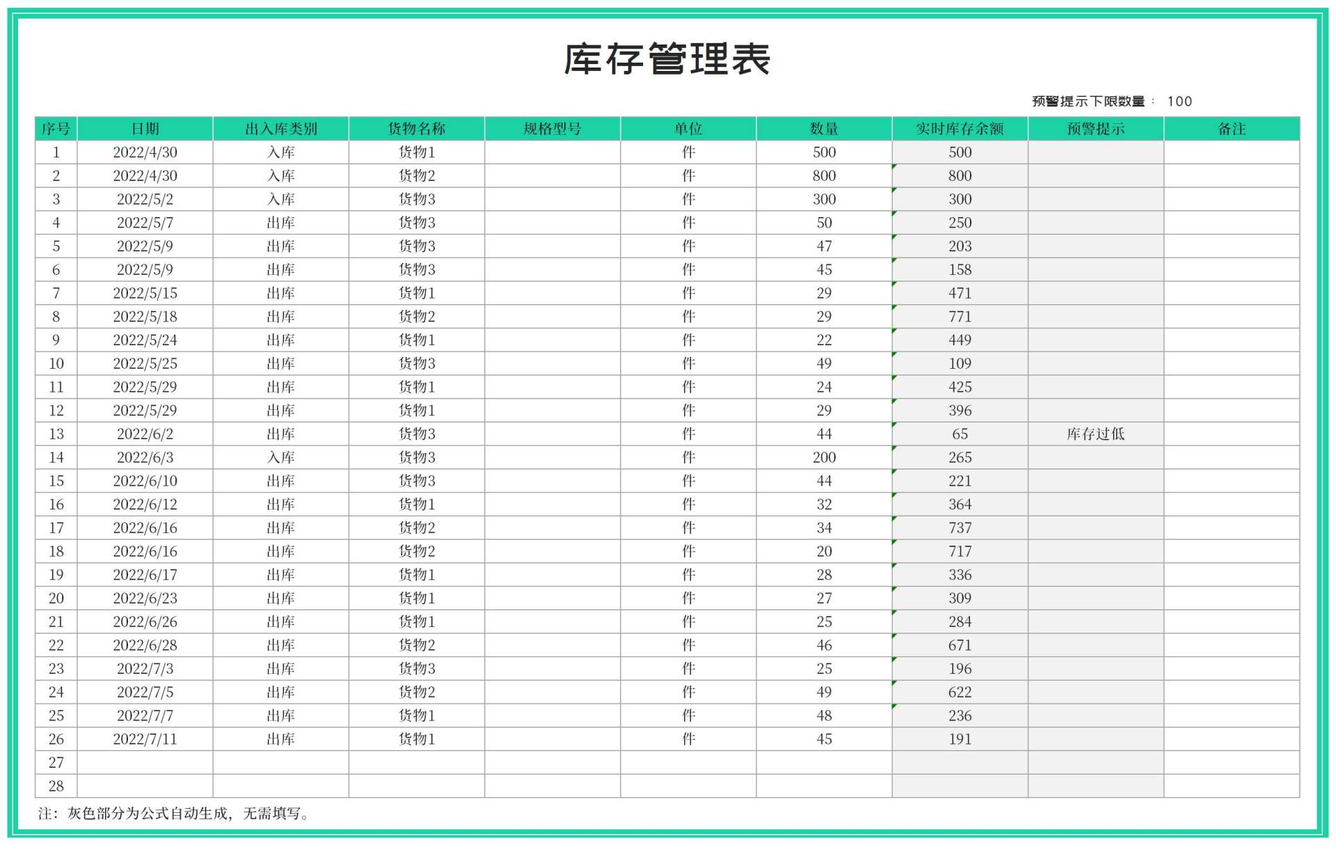 青色库存管理明细表Excel模板