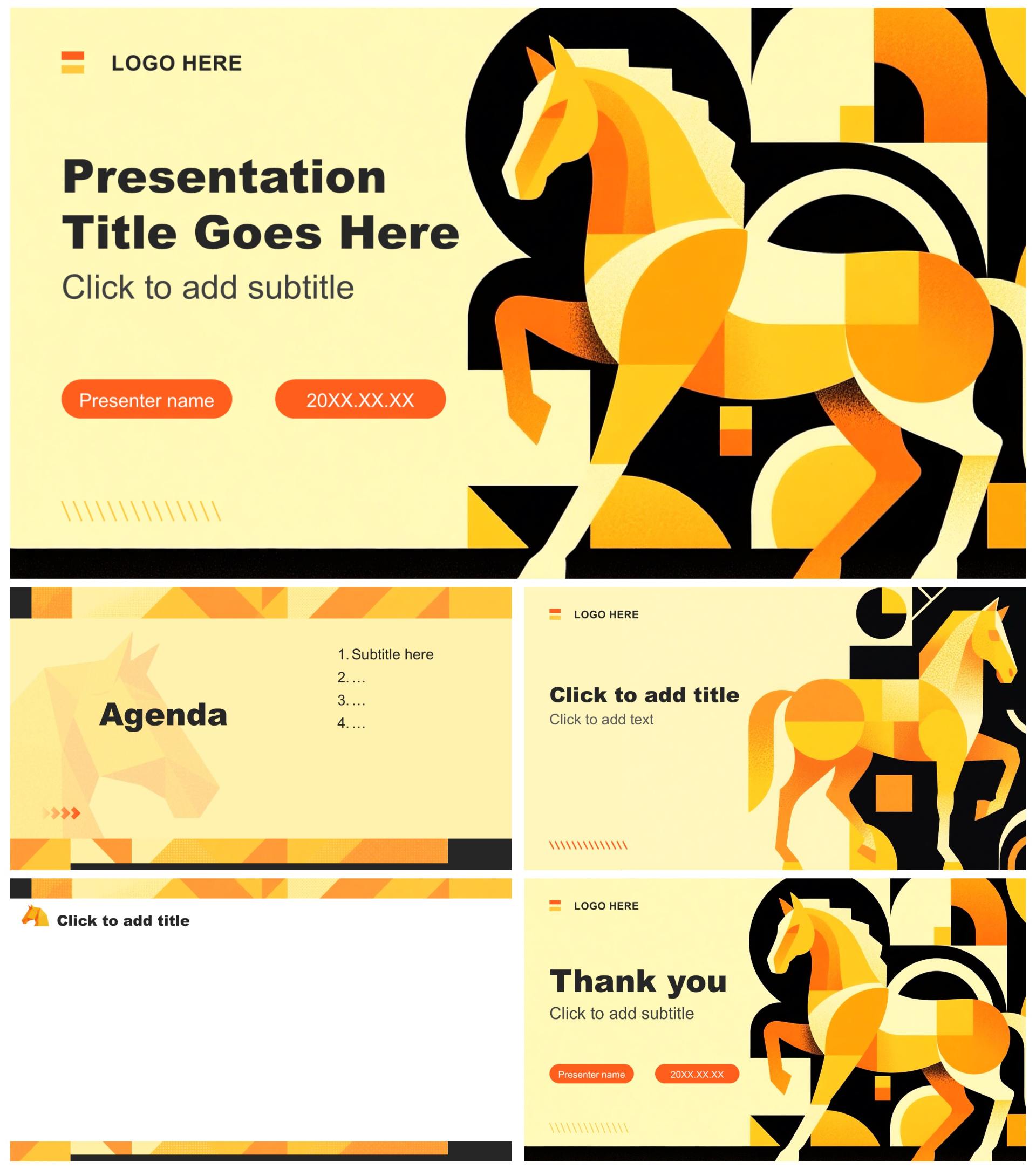 橙黄色插画风马年春节贺岁联欢活动PPT主题模板