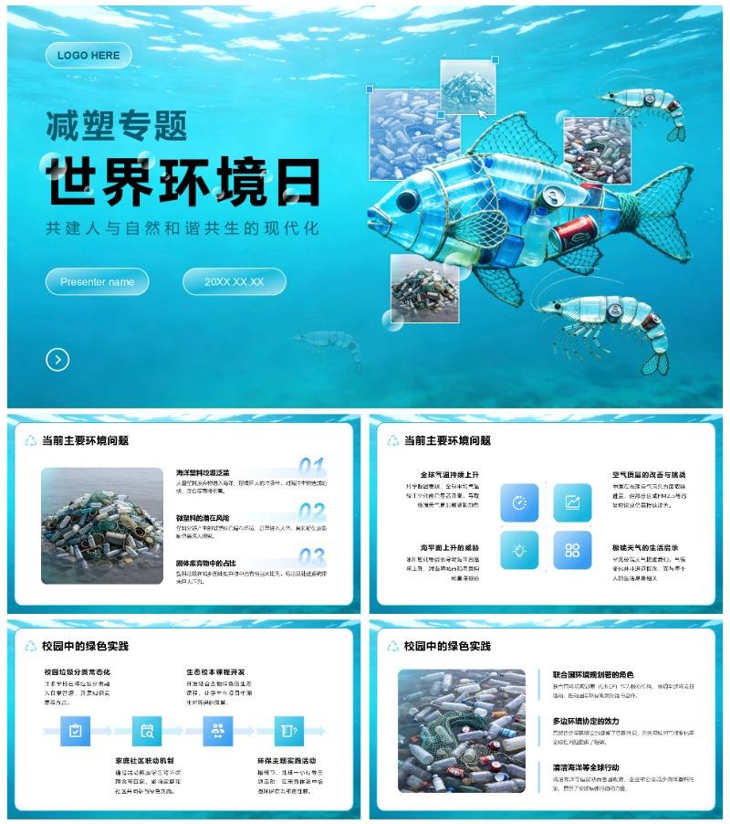 蓝色创意实景世界环境日海洋减塑主题PPT模板