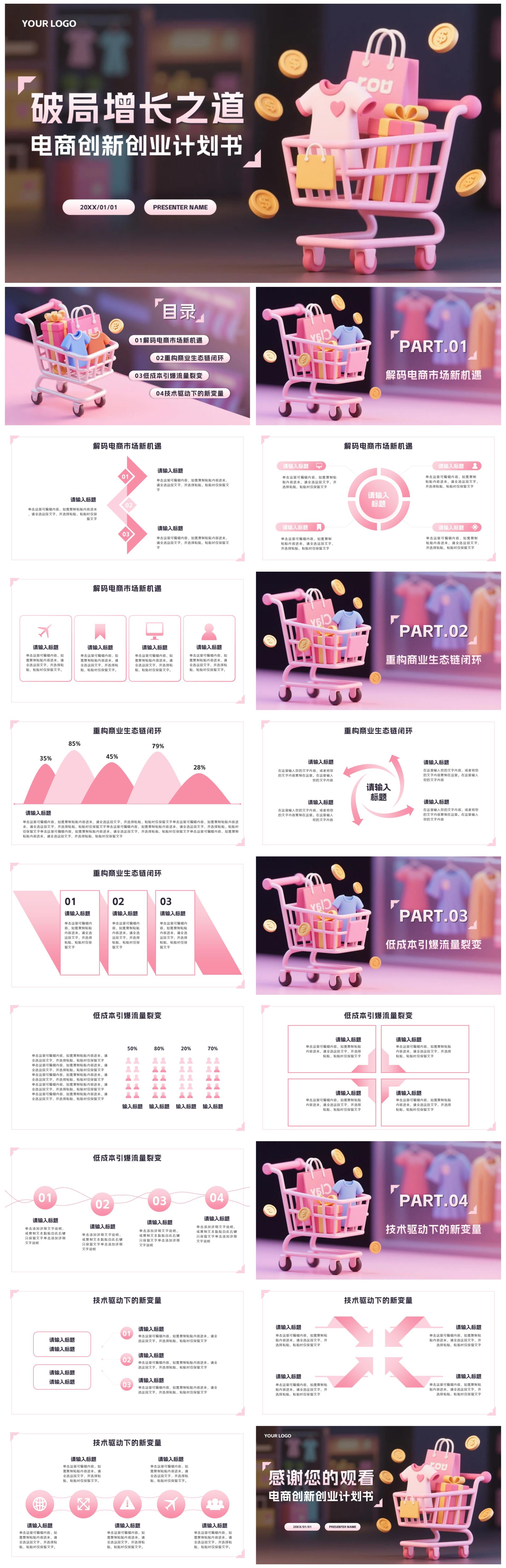 粉色2.5D电商创新创业计划书PPT模板