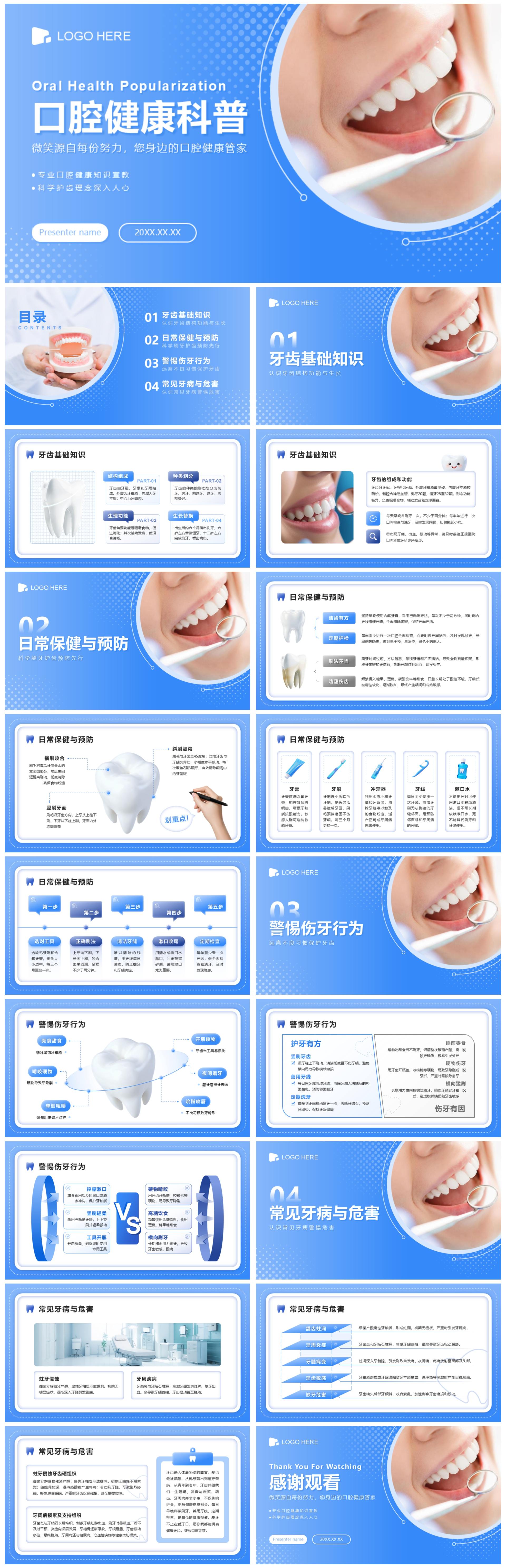 蓝色渐变简约风医疗健康口腔科普PPT模板