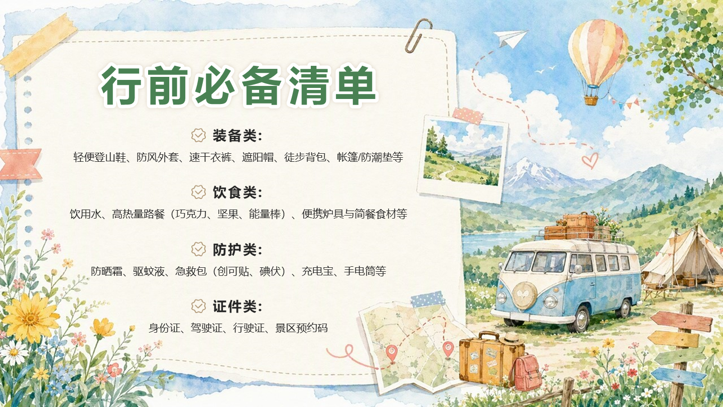 蓝绿色插画风黄金周户外出行提示PPT单页